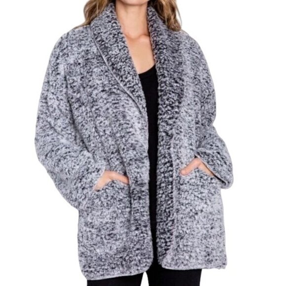 PJ Salvage Cozy Shearling Cardigan Choose Happiness RECOCA Black - Picture 1 of 9